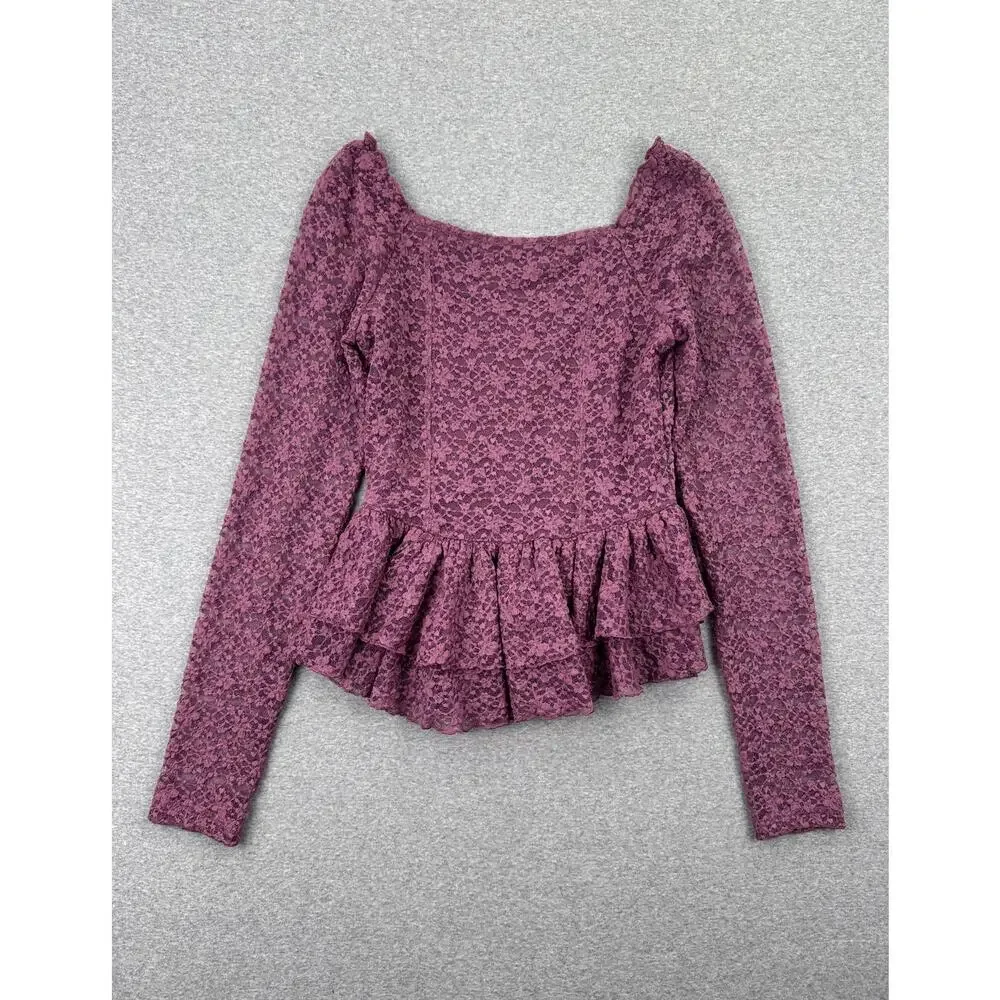 NWT Free People Stella Long Sleeve Top Womens S Tulipwood Purple Lace Ruffle